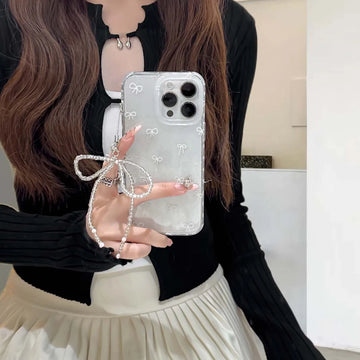 Qfdian Simple white bow phone case stand holder cover for iphone 13 15promax 13pro 15 pro max 11 14 12  ins transparent bracelet capa